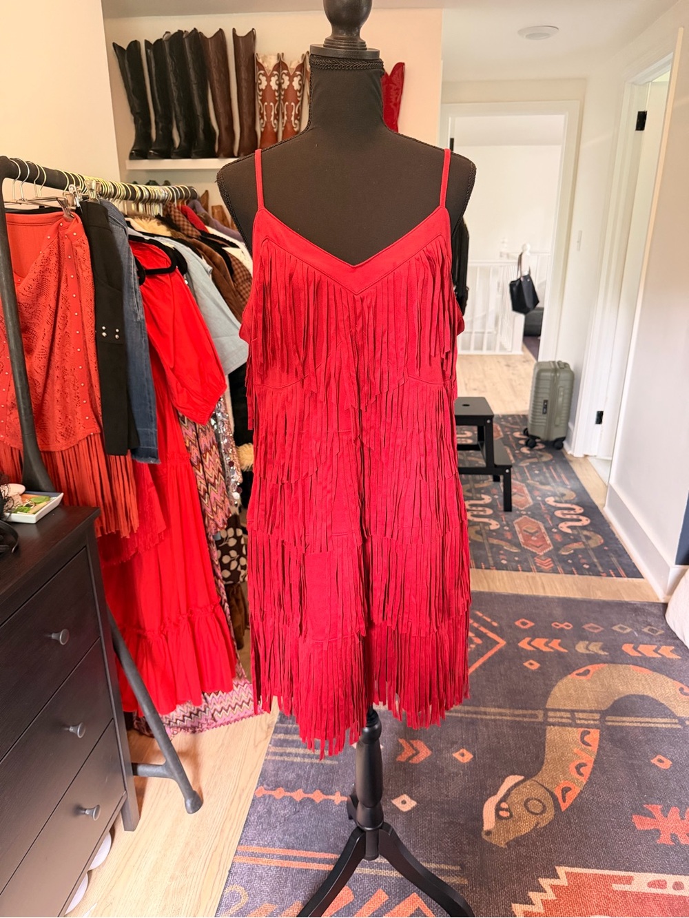 Idyllwind Faux Suede Red Fringe Spaghetti-Strap Mini Dress